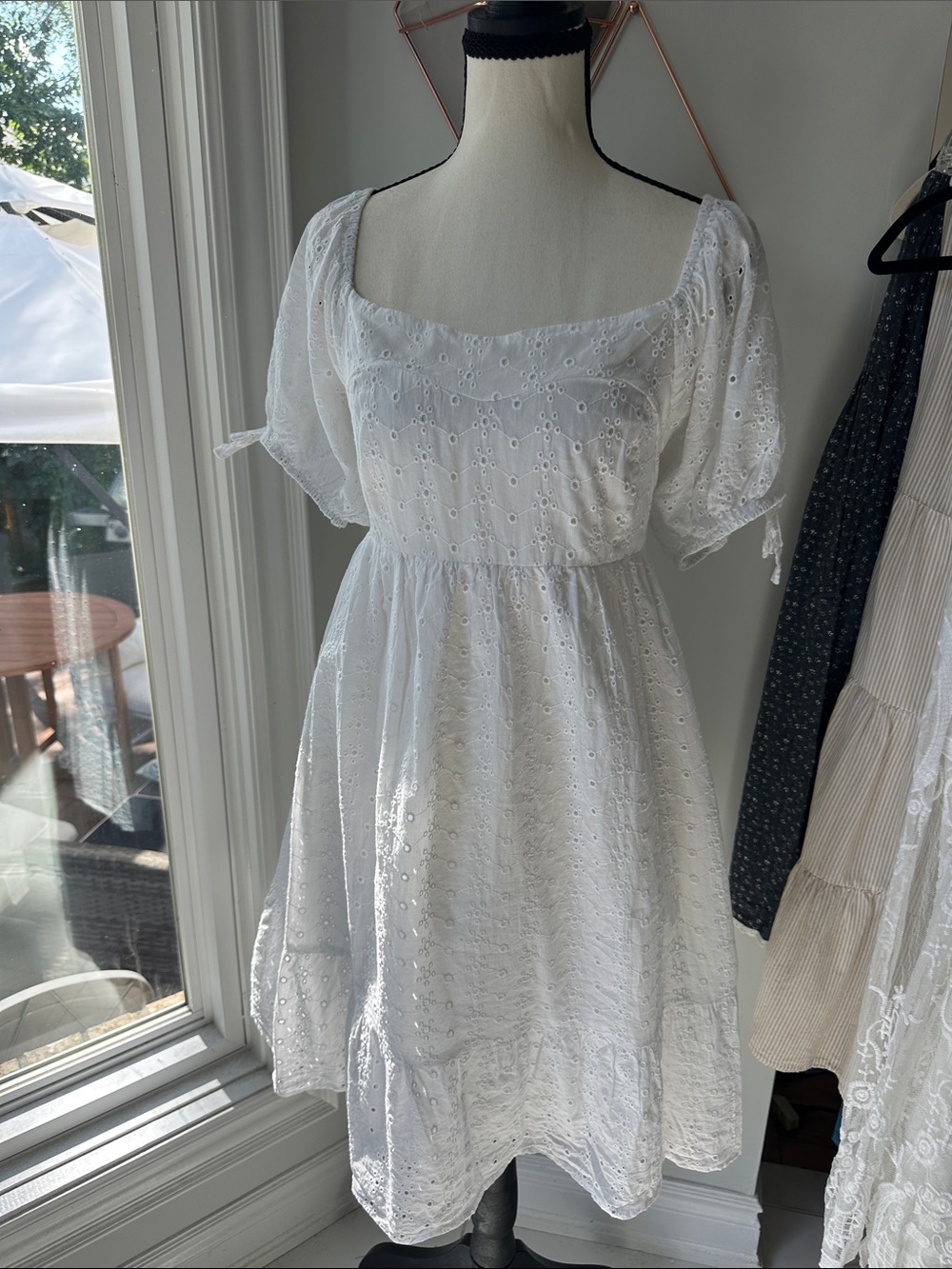 VERTICHE White Eyelet Puff-Sleeve Square Neck Babydoll Dress Cotton Size Large
